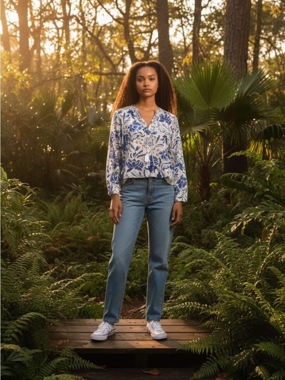 CeCe Blue and White Floral V-Neck Blouse